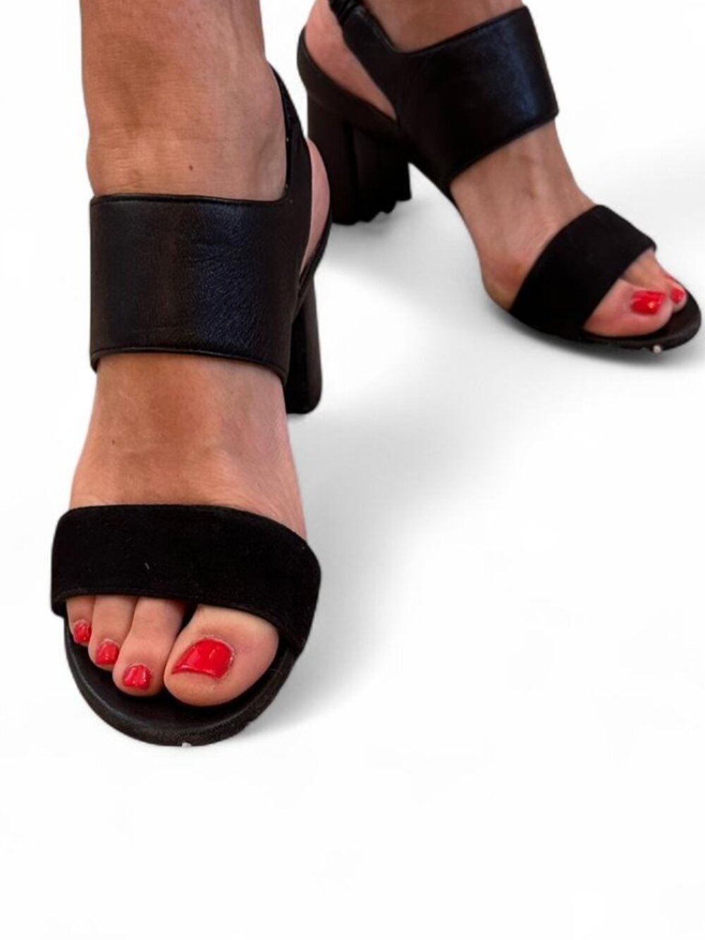 Stuart Weitzman toe block heel sandal with velvet and leather straps